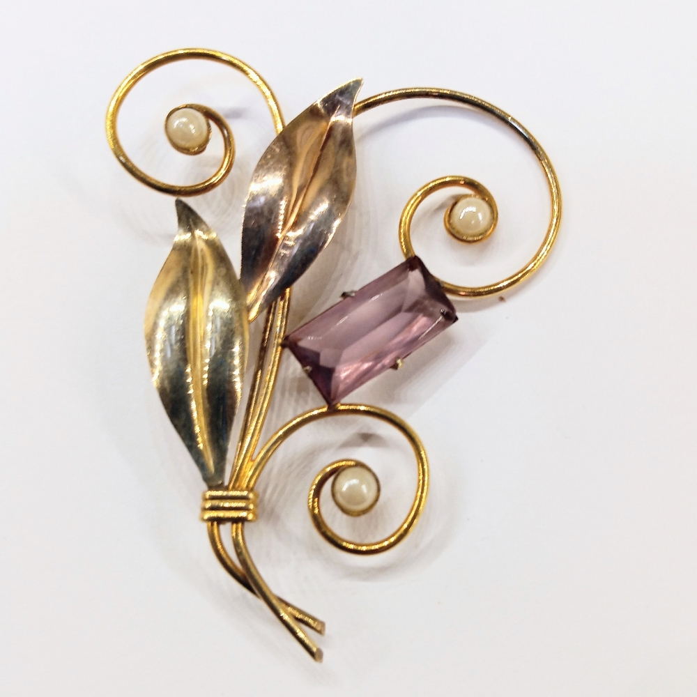 Vintage Gold Over Sterling Purple Stone Brooch And Earrings - Picture 2 of 7